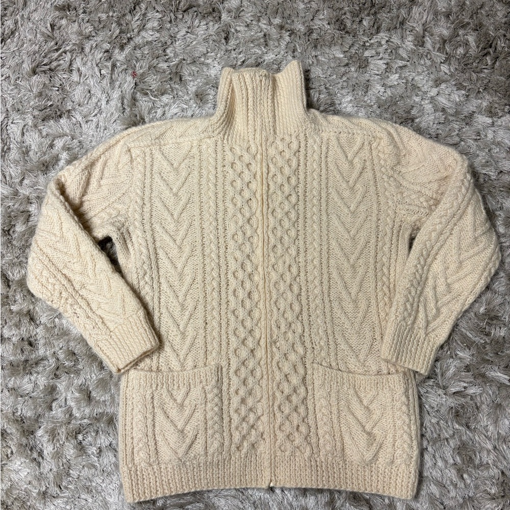 Handmade wool, Cream Cable Knit Zip-Up Sweater Cardigan